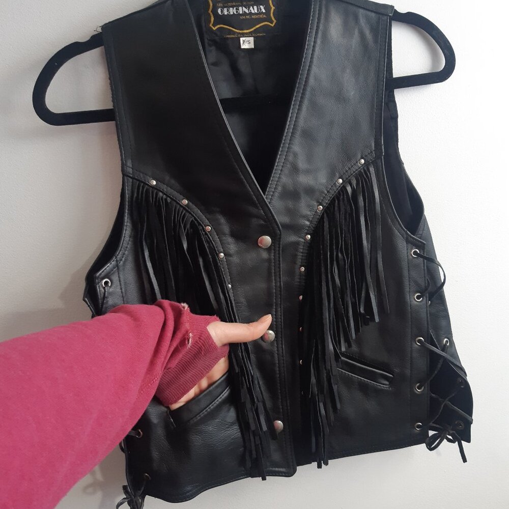 Vintage Genuine Leather Fringe Vest Biker Western Black Lace Up Made in Canada S - Picture 5 of 11